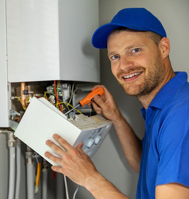 A professional plumber repairing a not working water heater.